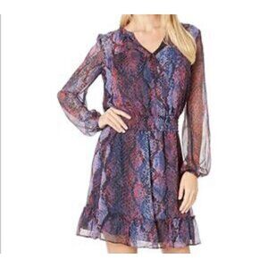 Parker Serpentina Snakeskin Print Silk Dress XS Long Sleeve Ruffle Hem